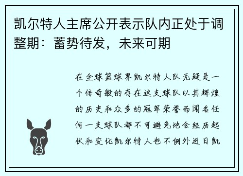 凯尔特人主席公开表示队内正处于调整期：蓄势待发，未来可期